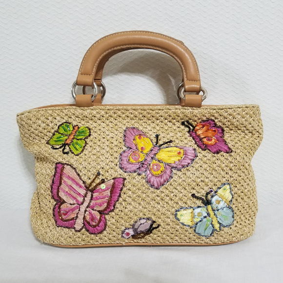 Handbags - Vintage Woven Straw Butterfly Satchel Purse Bag